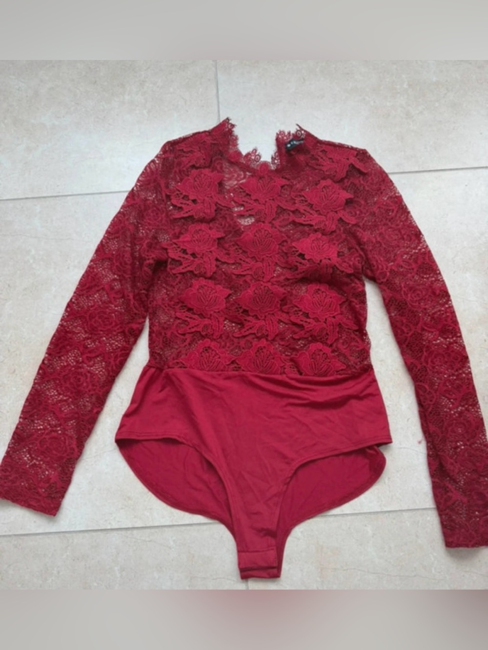 Women’s Lace Long-Sleeve Bodysuit - Red